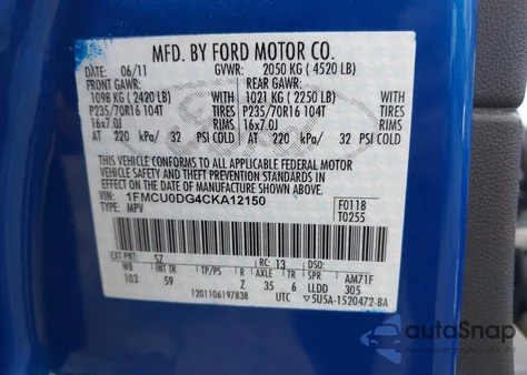 2012 Ford Escape Xlt from USA, damaged, VIN 1FMCU0DG4CKA12150